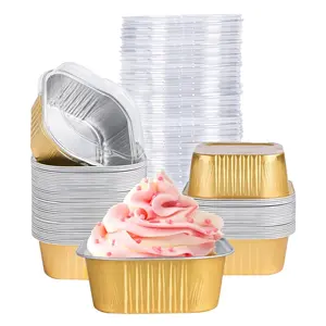 40 Pack Mini Cake Pans with Lids, Square Aluminum Foil Brownie Baking Cups, Muffin Tin Ramekins, Disposable Dessert Cupcake Boxes for Wedding Birthday Party