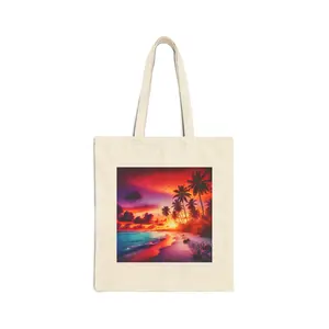 "Paradise Serenity: Tropical Twilight Tranquility" - Natural or Black Cotton Canvas Tote Bag with Tropical Beach Sunset and Palm Trees
