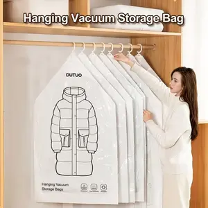 6-Piece Hanging Vacuum Transparent Storage Bags with Manual Pump, Winter Clothes Vacuum Sealed Jacket Bag, Closet Organizer for Coats, Suits, Outerwear