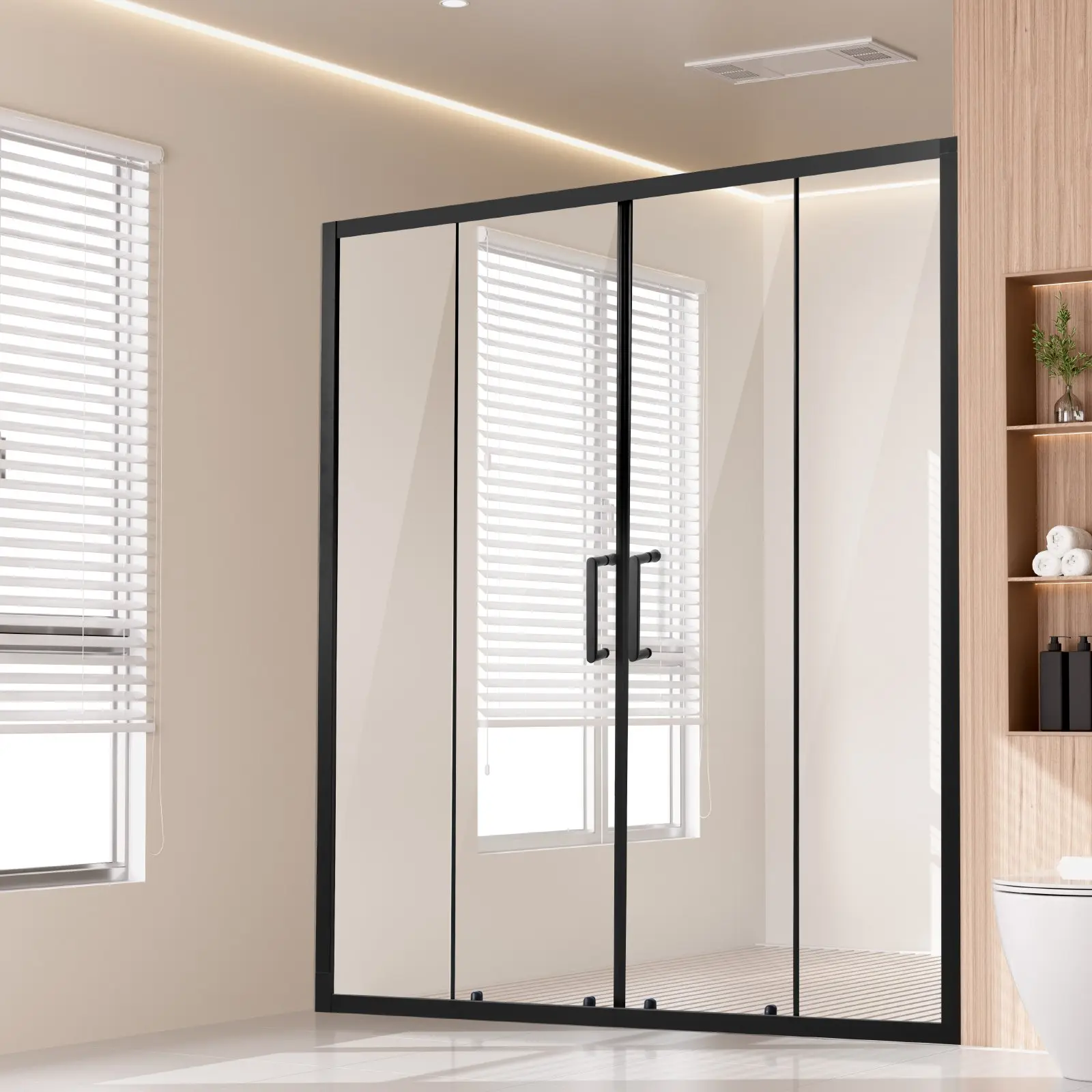 【Summerfinds】VEVOR Semi-Frameless Double Sliding Bathroom Door, Double Door Design, 57.8-59 in W x 70 in H, 1/4 in (6mm) Tempered Glass, Stainless Steel & Aluminium Hardware, Matte Black Finish, 90.4 lbs, Waterproof, Shatterproof, Stainproof, Doors