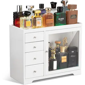 Cologne Organizer for Men, 5 Tier Large Capacity organizador de perfumes, Wooden  Perfumes Organizer Cologne Stand with 4 Drawer Storage,Gifts Ideas for Loved ones (White)