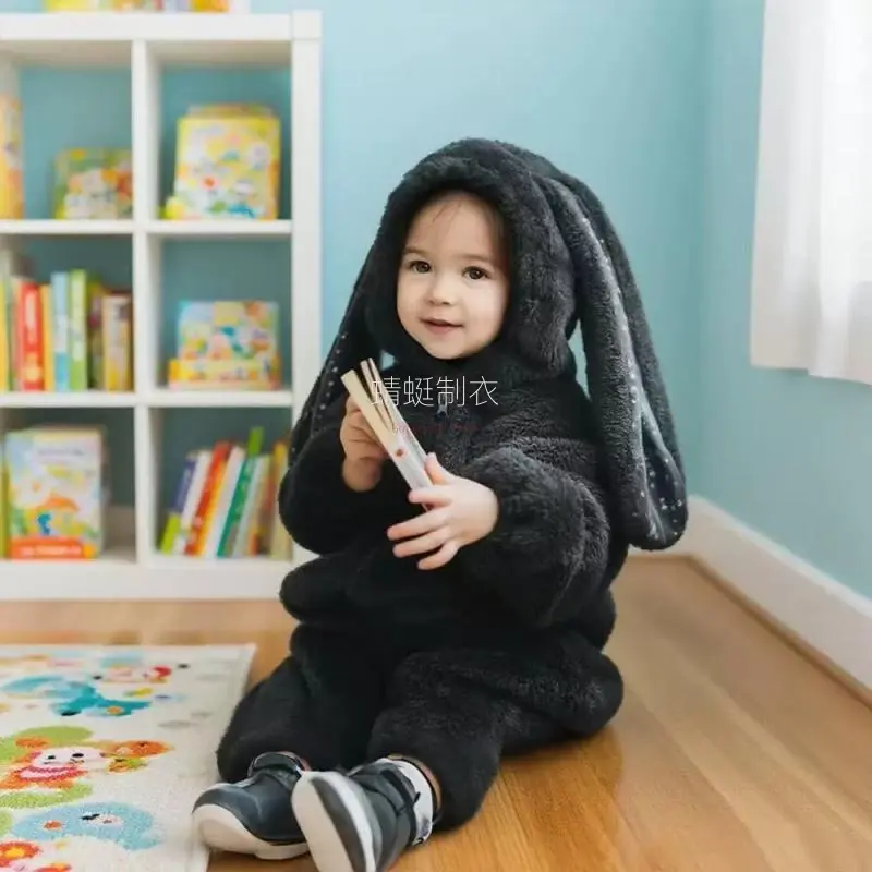 Baby Romper Jumpsuit, Unisex Solid Long Sleeve Hooded Polyester Bunny Animal Costume for Halloween, Animals, Bunny Ears, Hooded Bunny Ears