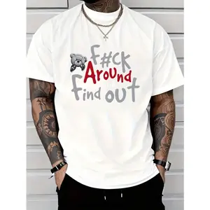 Men's Casual  T-Shirt with Boxer Bear Graphic - "FK AROUND AND FIND OUT" Print, Black, Short Sleeve, Round Neck, Machine Washable, All-Season Comfort