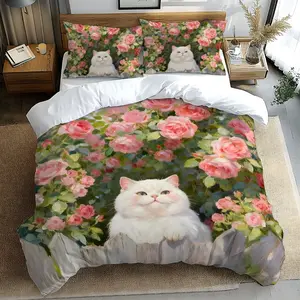 JIT 2/3 Pcs Bedding Set White Cat Under Pink Rose Print Ultra-Soft Brushed Duvet Cover & Pillowcases No Filler For Bedroom Hotel Gift