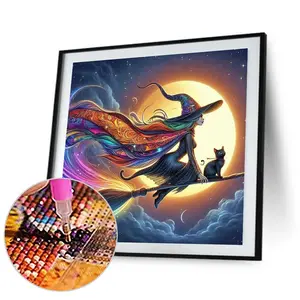 1 Witch and Cat theme diamond painting set, 11.81x11.81-inch round acrylic DIY Mosaic art set, suitable for adults and beginners, frameless home wall decoration handicrafts, diamond art