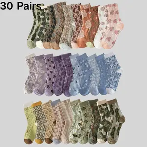 30 Pairs Women's Girls Mid Tube Sock Set - Embossed Vintage Floral Retro Socks Soft Knit Comfortable Breathable Sports Socks for All Seasons Casual Daily Wear Womenswear Leggings