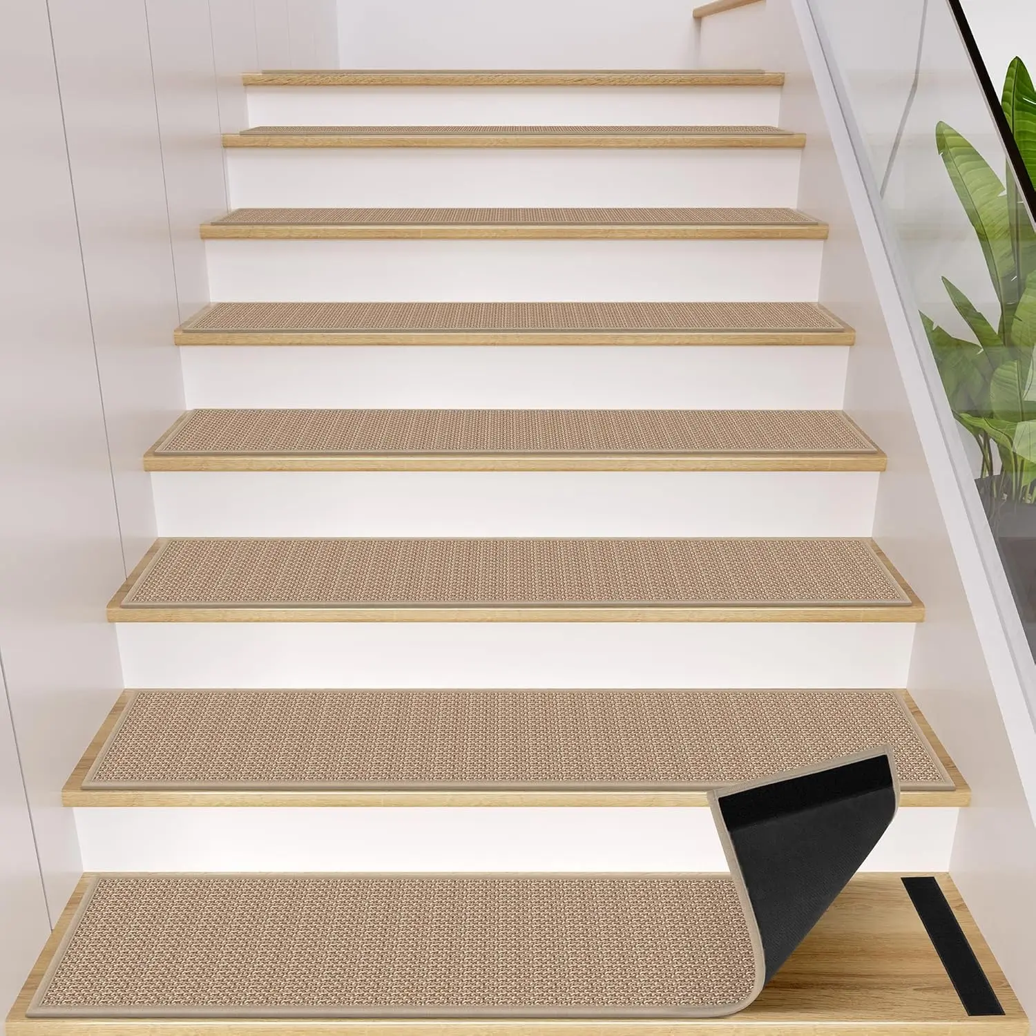 Peel and Sticker Jute Stair Treads Non Slip for Wooden Steps Indoor, 15 Pack Rubber Backed Stair Pads Rug, Removable Khaki Adhesive Staircase Mat Step Cover