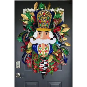 XL Nutcracker Christmas Wreath – Grand Holiday Home Decor with Plaid Ribbon, Gold Accents & Festive Glitter Details