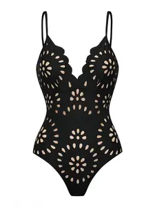 Women's Solid Color Hollow Out Scallop Trim One-piece Swimsuit, Adjustable Straps Swimsuit, Sexy Adjustable Spaghetti Strap Backless Swimwear for Beach Holiday Vacation, Cutout Swim Suit
