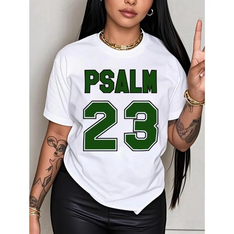 Women's T-Shirt with Psalm 23 Graphic, Casual Loose Fit Crew Neck Top in 100% Cotton with Green Lettering, Tshirt, Short Sleeves, Customized, Garment, Round Neck, Clothes