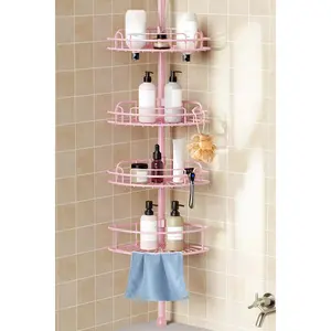 Corner Shower Caddy Tension Pole: 4-Tier Rust-Resistant Adjustable Bathroom Organizer Shelves - 47-121 Inch No-Drill Quick Installation - Space-Saving Storage for Renters Family - Pink