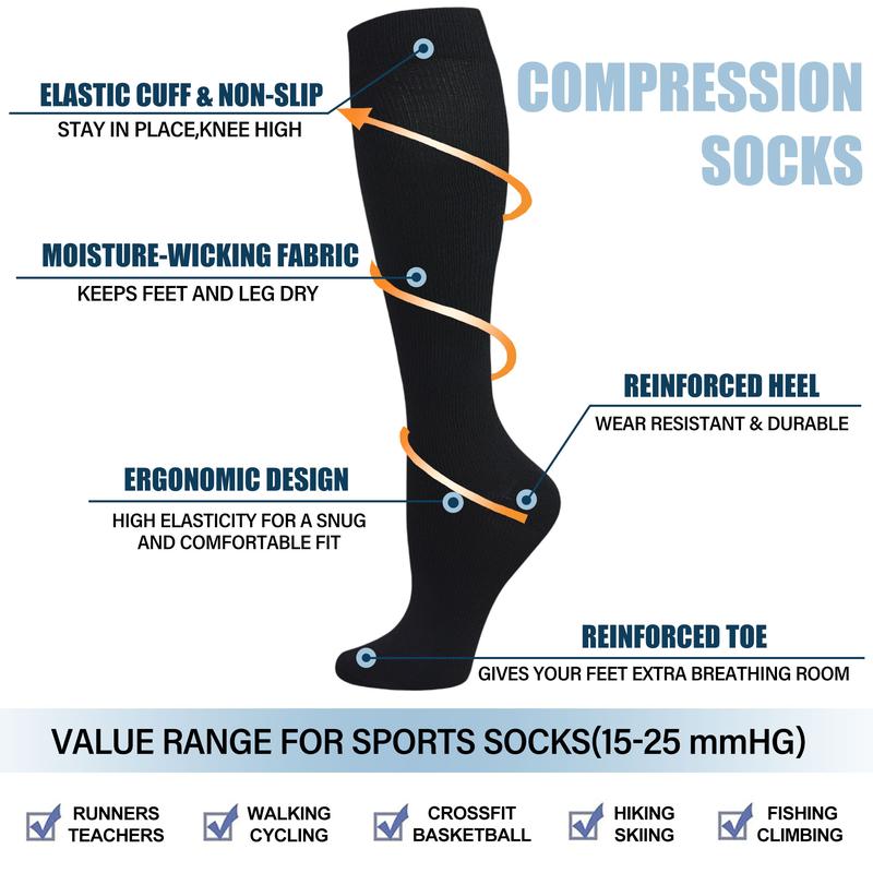 8 Pairs Compression Socks for Women & Men, Fashionable  Knee-High Socks for Walking, All Seasons,Unisex, Support Sock
