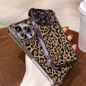 Gold powder leopard pattern, four-corner anti-drop, non-slip TPU full-cover lens mobile phone protective case, suitable for iPhone 17 16 15 14 13 12 11 XS X and other series models, can be given as a gift to friends or family
