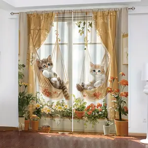 2Pc, retro flower and bird pattern curtains, installed with pocket pole, digital printing process, polyester material, can soften light and protect privacy, suitable for living room, kitchen, bedroom, study, hotel, restaurant, home decoration