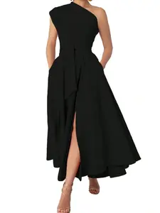 Women's Solid Color Minimalist Casual Asymmetrical Neck Dress