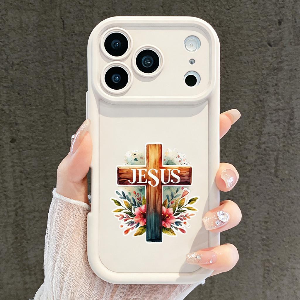 Jesus Floral Cross Phone Case for iPhone 11/12/13/14/15/16/17 Pro Max Plus & 17 Air, Christian Religious Watercolor Shockproof Case TYJT260409024