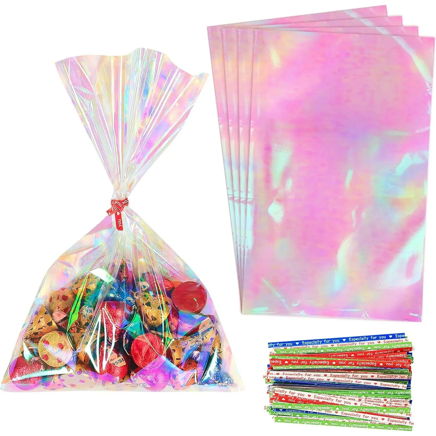 120-Count Iridescent 6x9 in Colorful Shiny Decor Cellophane Bags with Ties, Holographic Plastic Goody Bags for Wedding Candy Party Favors Small Gifts