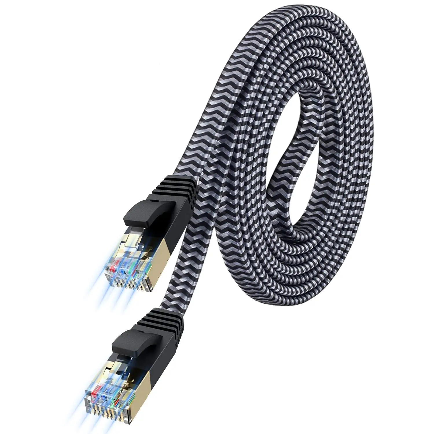 10ft Cat7 Flat Ethernet Patch Cord, Nylon Braided Shielded 10Gbps 600MHz High Speed Internet Cable, Slim Flat Design for Under Carpet Routing, Gold Plated RJ45 for Gaming PS5, Xbox, Router, Modem, PC, Smart TV