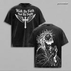 Walk By Faith Not By Sight T-Shirt Washed Christian Graphic Tee Oversized Cotton Streetwear Summer Clothing Gymwear Faith-Based Shirt Aesthetic Menswear Gift for Believers Bible Verse Church Outfit