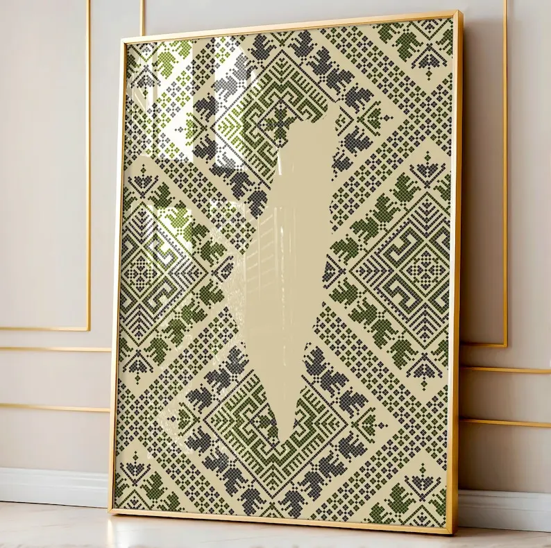 Palestinian Tatreez Wall Art, Neutral Palestine Map Decor, Ethnic Motif Inspired Artwork For Heritage Walls And Peace Messages