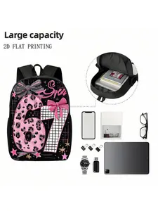 1pc Fashionable Leopard Pattern And Checked Design Number 67 with Bows Unique Trendy Decorative Style Sturdy Lightweight Spacious High School Backpack Durable Kawaii Cute Lightweight Back to School Bag for College/Campus, for Teenager, For Teenager