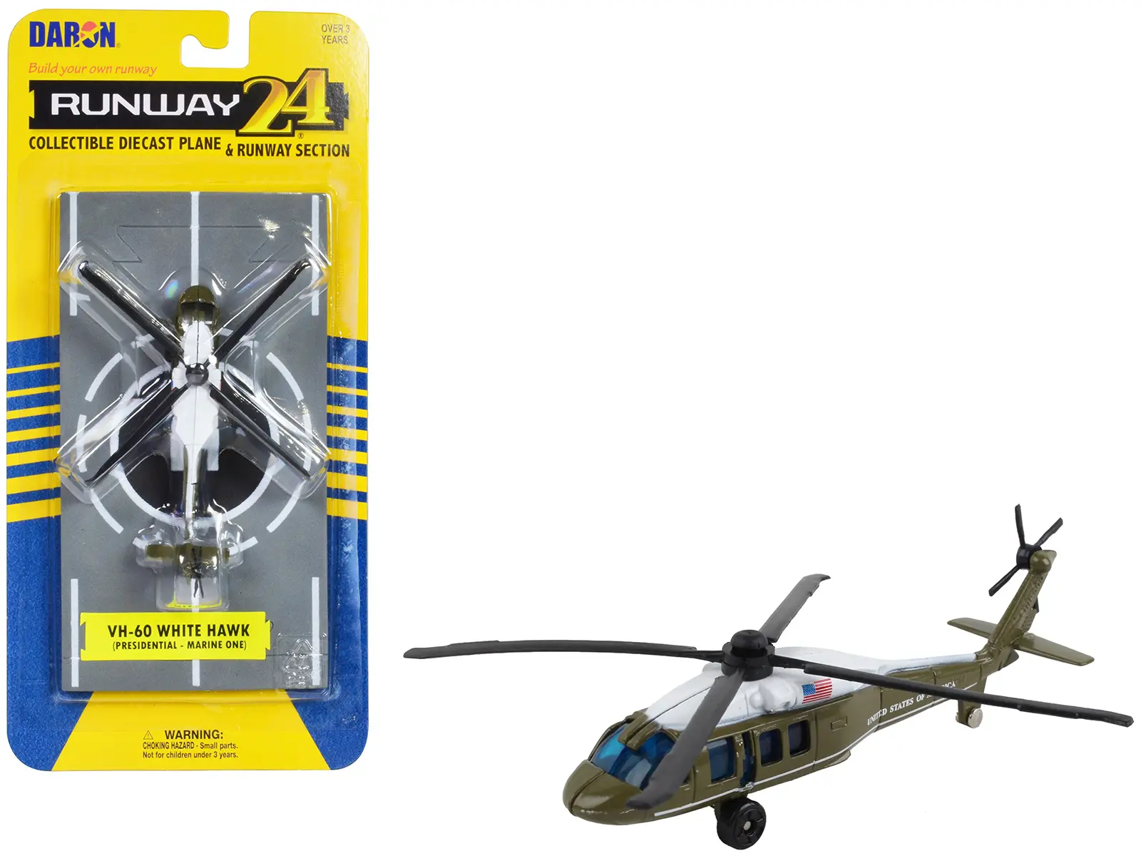 Sikorsky VH-60 White Hawk Helicopter Olive Drab w/White Top "Presidential Helicopter" w/Runway Section Diecast Model by Runway24