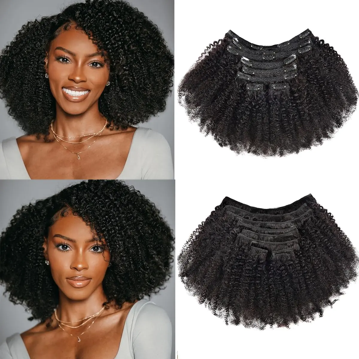 Encharm 8PCS 120G Clip-In Kinky Curly Human Hair Extensions, 1B# Natural Black, Seamless Invisible Edge, Heat Resistant Hairpiece for Women's Daily Use