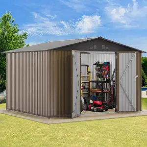YITAHOME 10x8FT Outdoor Storage Shed, Spacious Metal Tool Shed with Lockable Doors & Ventilation for Patio, Lawn, and Backyard, Ideal for Storing Garden Equipment, Lawnmowers, and Bicycles, Brown