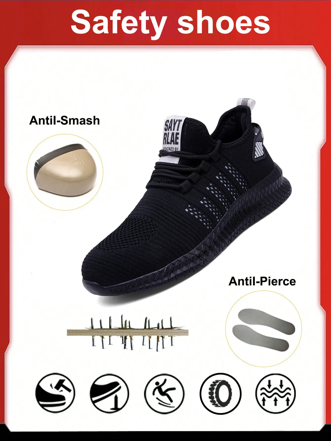 Men's Steel Toe Nonslip Work Shoes - Breathable, Puncture-Proof Safety Sneakers for Industrial Use, Walking Shoes, Closed, Worker, Round Toe, Footwear, Fabric, Laces