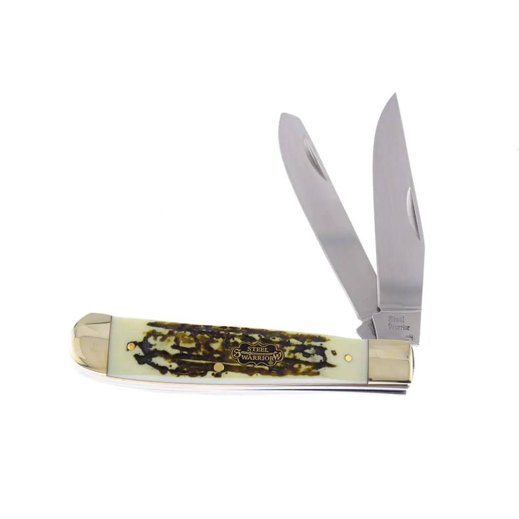Steel Warrior Handmade Pocket Knife - Stainless Steel Blade, Brass Trapper, Stag Bone Resin Handle, Foldable Adult Tool for Hiking, Carving, Bushcrafting, Hunting, Affordable Hand Tool