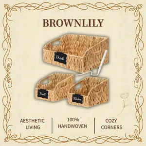 STYLAVE Pantry Organizers and Storage Baskets for Organizing with Handles, Large Wicker Storage Baskets for Shelves, Laundry-Water Hyacinth Storage Bins, Boho Decorative, 3Pack,Natural