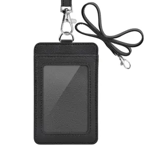 PU Leather ID Badge Holder,  ID Badge Holder with 1 Clear ID Window 1 Credit Card Slot and PU Leather Lanyard for Badge Credit Cards College ID Cards in Black