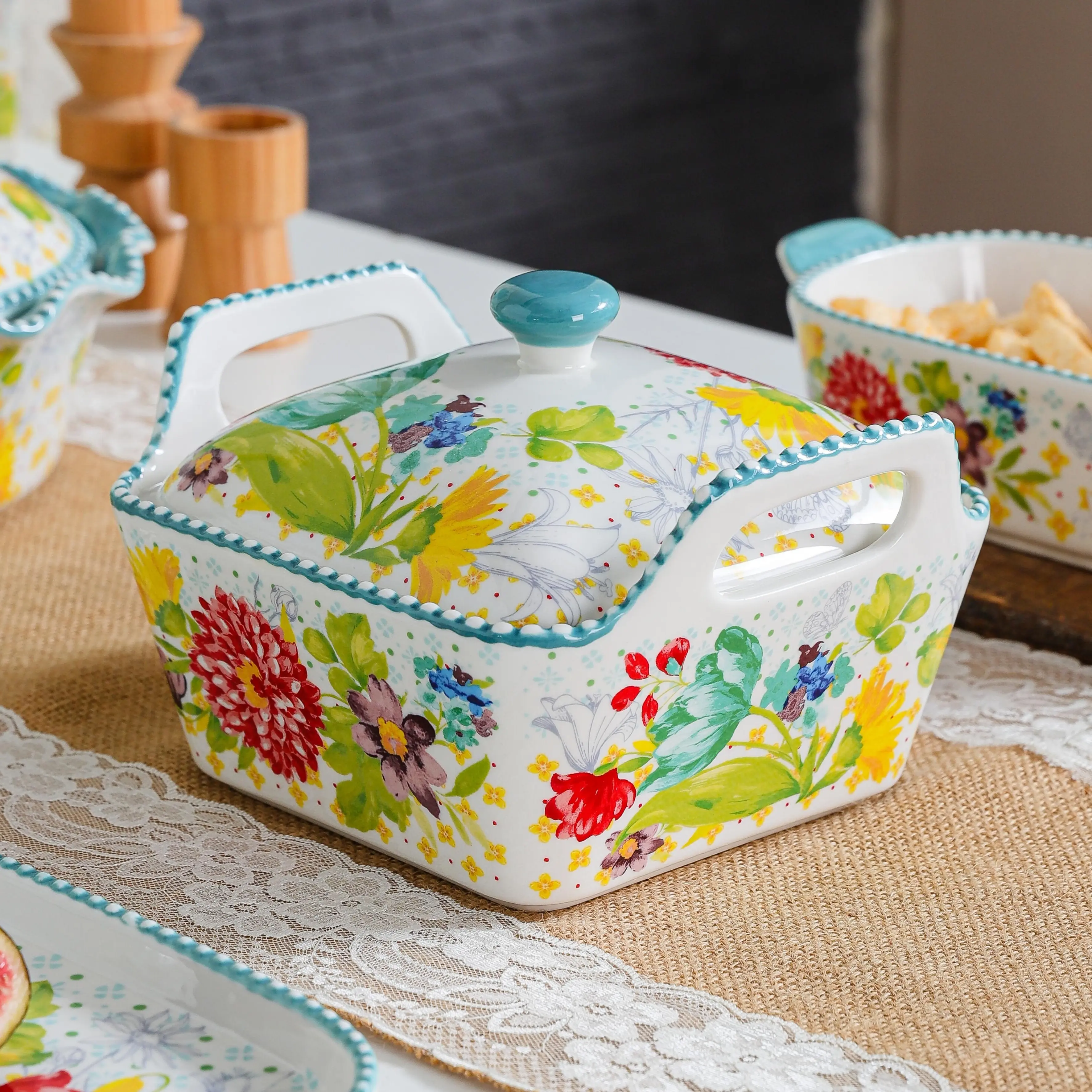 HongDian Blue Floral American Style Tableware Series,Optional Ceramic Bowl Casserole Baking Dish,Scalloped Rim,Premium Ceramic,Blue,Underglaze Non Fading,Microwave Oven Dishwasher Safe,Fruit Dessert Pasta Meal Serving Kitchen Table Decor Gift