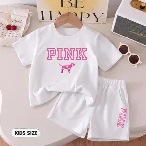 Girls’ Polka-Dot Dog Printed Design Short Sleeve T-Shirt And Shorts Set, Casual Kids Summer Outfit, Comfortable Crew Neck Clothing Set For Daily Wear And Outdoor Play