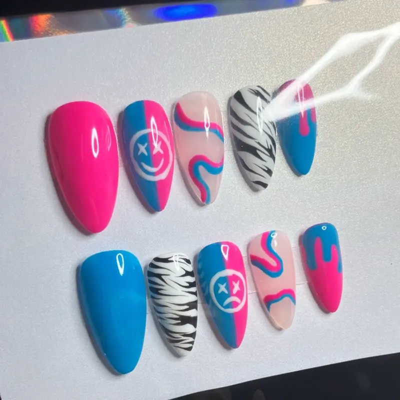 Soft Alt Blue and Pink Smiley Face Press On Nails