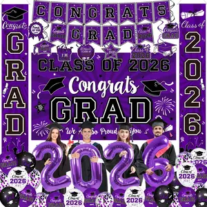 Graduation Decorations Class of 2026 Set - Purple Themed Congrats Grad Banner & Backdrop, Hanging Swirls, Porch Sign, Balloons, Foil Number 2026 for High School & College Celebrations
