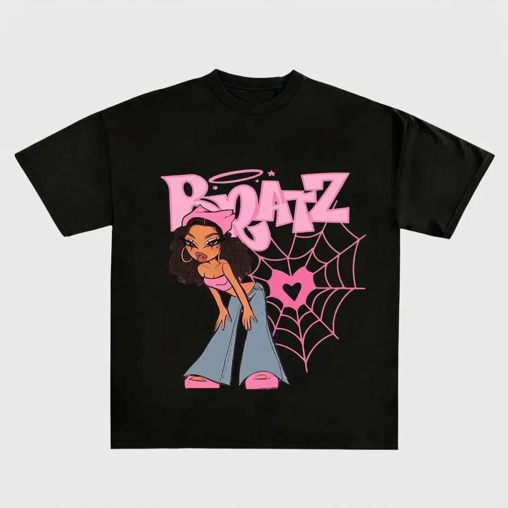 [Y2K Graphic Tee] Cute Doll & Pink Spiderweb T-Shirt | Baddie Aesthetic Cotton Short Sleeve, Casual Oversized Summer Top for Women