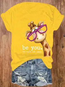 Women's Summer Casual Fitted Floral Print Round Neck Short Sleeve Top, Womenswear, Long Clothing, Cute Cartoon Giraffe Letter Pattern