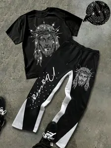 Men's Jesus Rhinestone Graphic Short Sleeve T-Shirt with and Block Flare Pants Set, Casual Fit Design, Stylish Comfortable for Daily Wear Outfit