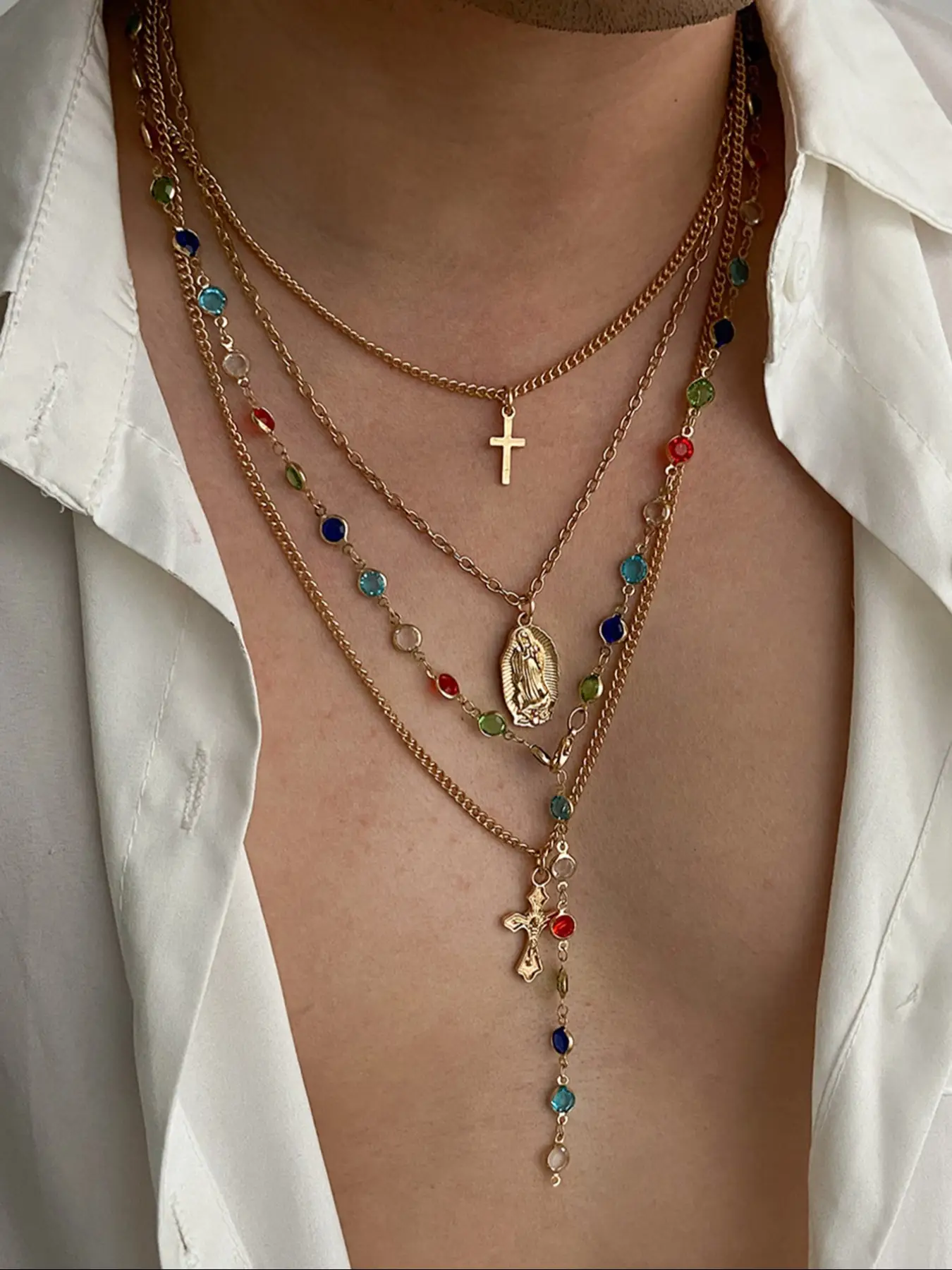 4pcs/set Vintage Gold Metal Jesus Cross Y-shape Long Boho Style Necklace, Boho Colorful Rhinestone Pendant Necklace Set, Suitable for Women Daily & Ho