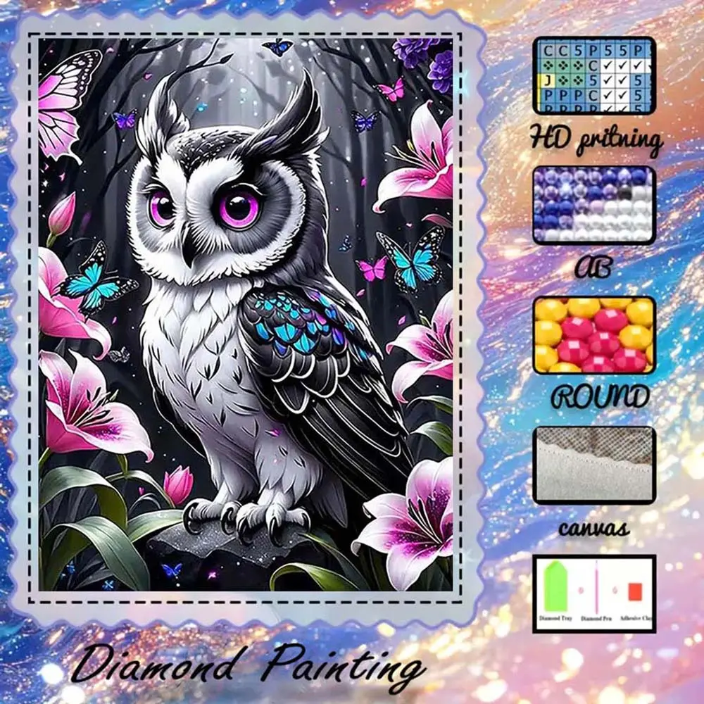 DIY 5D flocking cloth diamond painting kit, AB drills, fairy dust drills, crystal drills, owl, Animals, flowers, butterfly diamond embroidery, special craftsmanship diamond art set, wall decoration, gift for family, loved ones, and friends, Handicraft