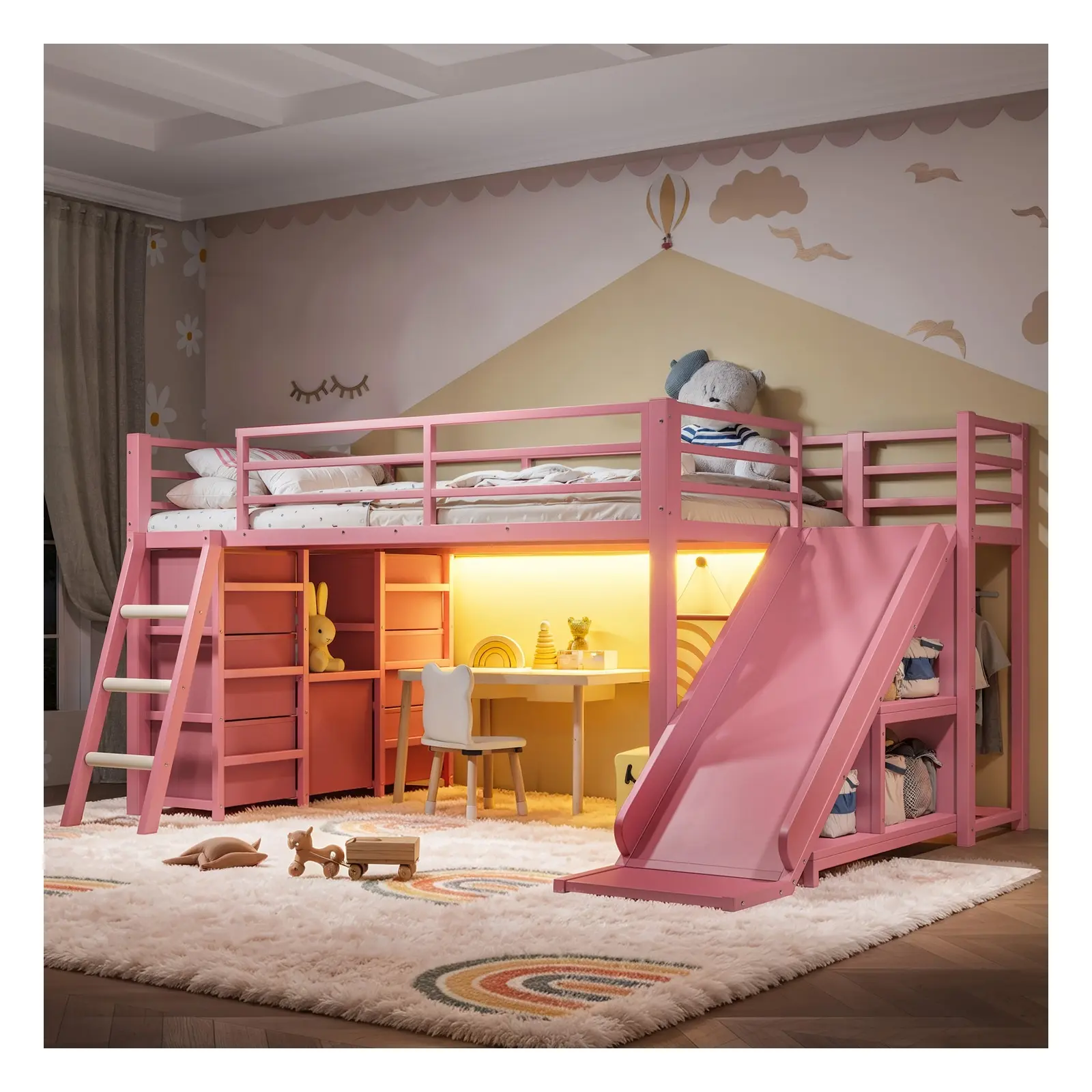 Twin Metal Loft Bed Frame with Storage Drawers, Desk, LED Lights and Wardrobe, Pink/Antique White/Black