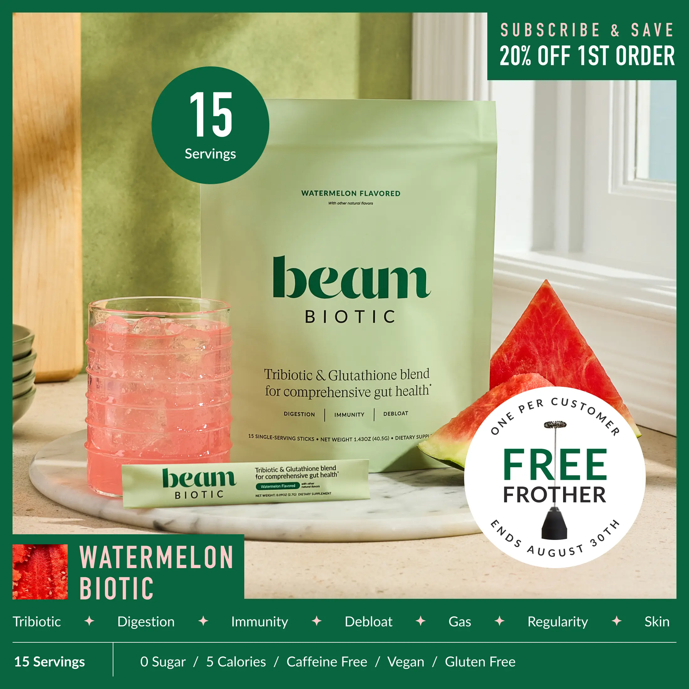 Beam Biotic Superblend Gut Health Vitamins - 15 Servings Single-Serve Sticks, Dietary, Gluten-Free, Dairy-Free, Bloating Relief, Gut Support, Mixed Berry/Blue Raspberry/Citrus Lemonade Flavors, Pre+Pro+Postbiotics+Glutathione | Back to school