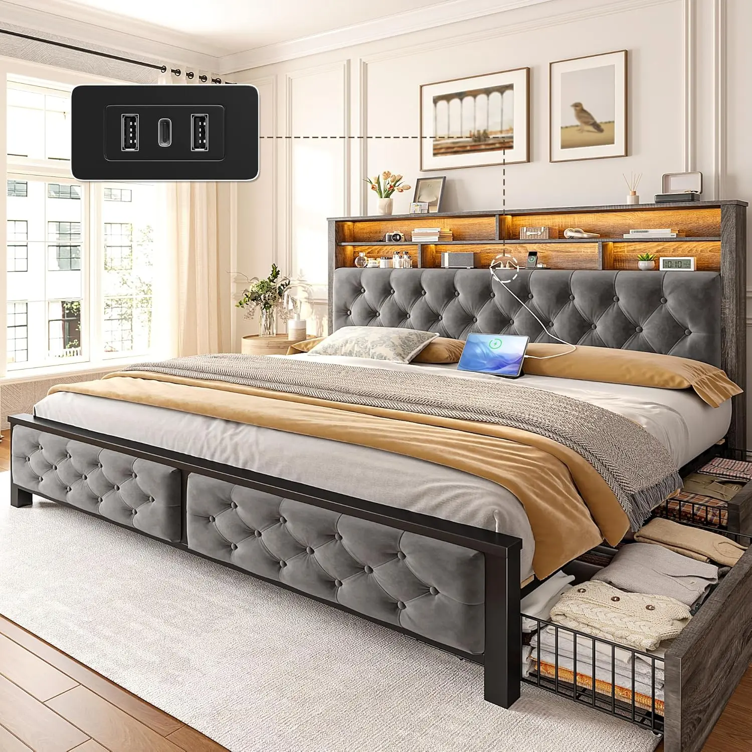 Raybee Luxury Bed Frame with 4 Storage Drawers & Headboard, Velvet Full Queen King Size Uphostered Platform Led Bed Frame with Charging Station,Wooden Slats, Noise-Free, Modern Soft Bed Frames Bedroom Furniture
