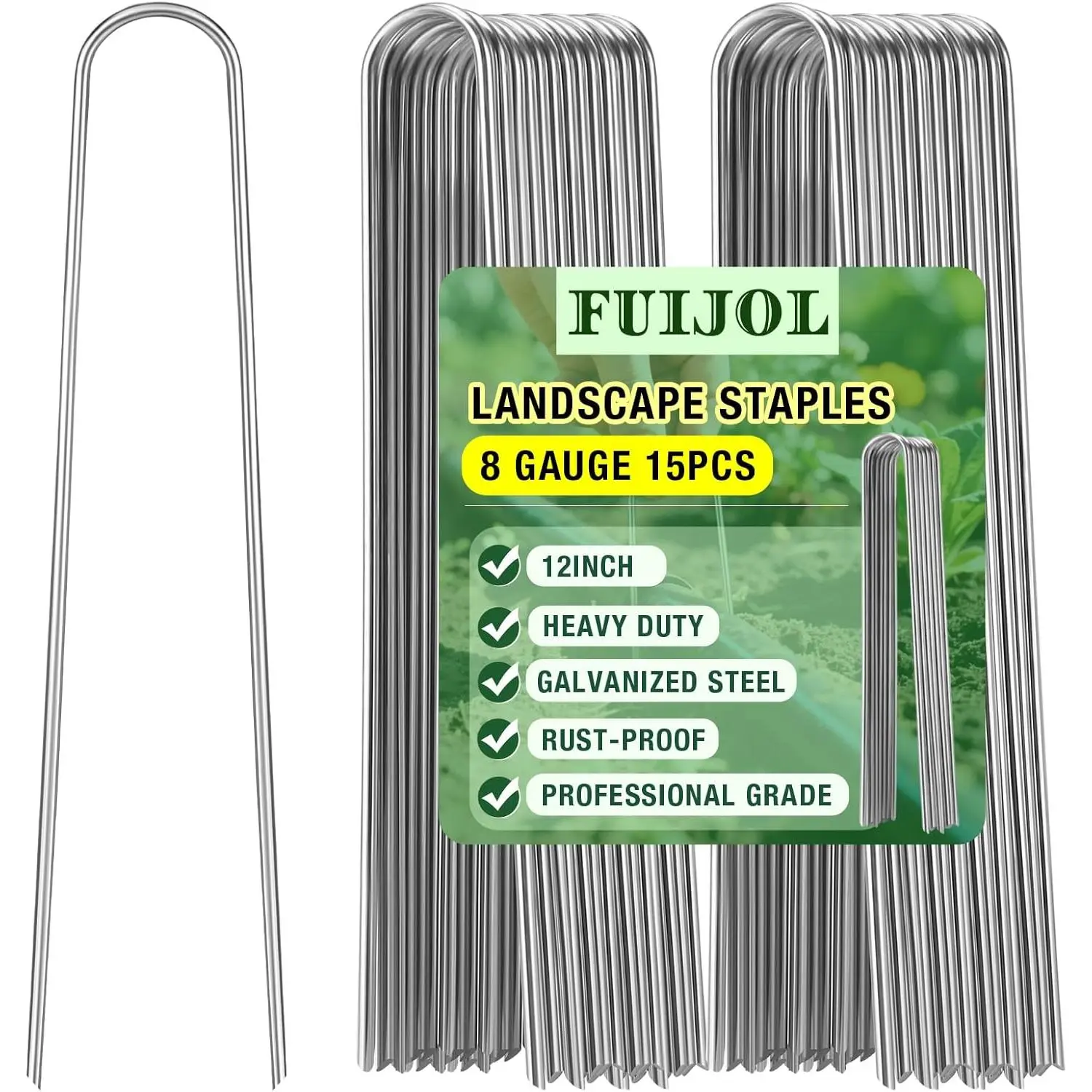 FUIJOL Heavy-Duty Galvanized Steel U-Shaped Staples - 8 Gauge, 12 in, 15-Pack Hand Press Fit Garden Hardware Fasteners for Weed Barrier, Christmas Lights, Ribbons, Soft/ Hard Soils