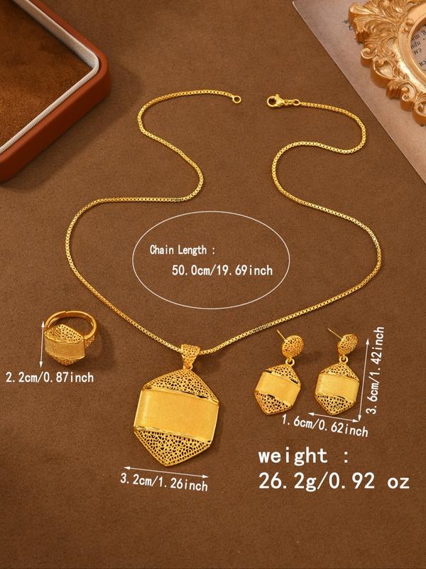 24k Gold Plated Jewelry Set, 4 Piece Gift Box House Shaped Copper Wedding Banquet Jewelry, Women's Necklace Earrings Ring Valentine's Day Gift, Matching Jewelry Set