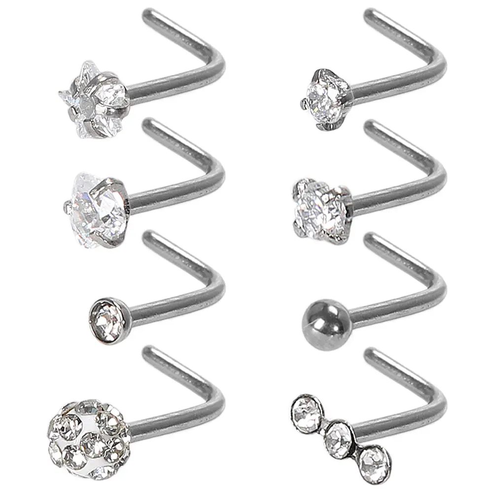 Hypoallergenic Titanium Nose Ring Set 20G, L Shaped Stud with CZ Opal & Ball Labret Lip Piercing Jewelry for Women Men