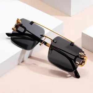 Vintage Luxury Golden Fahsion Glasses Cool Tiger Stand Women's Frameless Black For Men And Women Outdoor Travel Anti Glare Glasses011