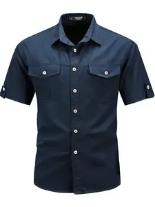 Summer New Men's Outdoor Casual Workwear Shirt, Thin Large Size Double Pocket Blouse, Fitted Short Sleeve, Plain Style Menswear