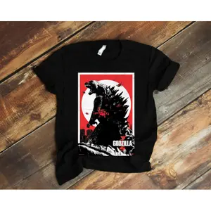 Vintage Gojira Godzilla Nuclear Radiation Prehistoric Sea Monster Graphic Mens Crew Neck Short Sleeve Soft Heavyweight Cotton Casual Top Classic Retro Kaiju Movie Inspired Adult Daily Streetwear Outdoor Party Travel Holiday